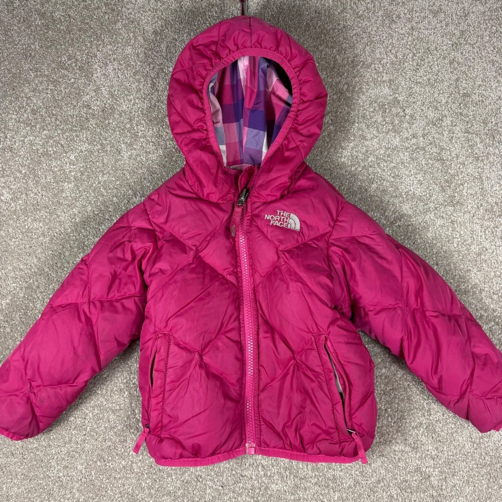The North Face Toddler 2T Reversible 550 Down Puffer Jacket Pink Plaid Hooded